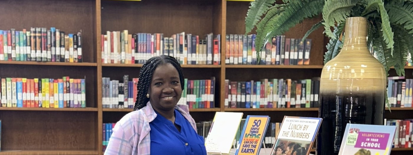 Book Background with Smiling Woman